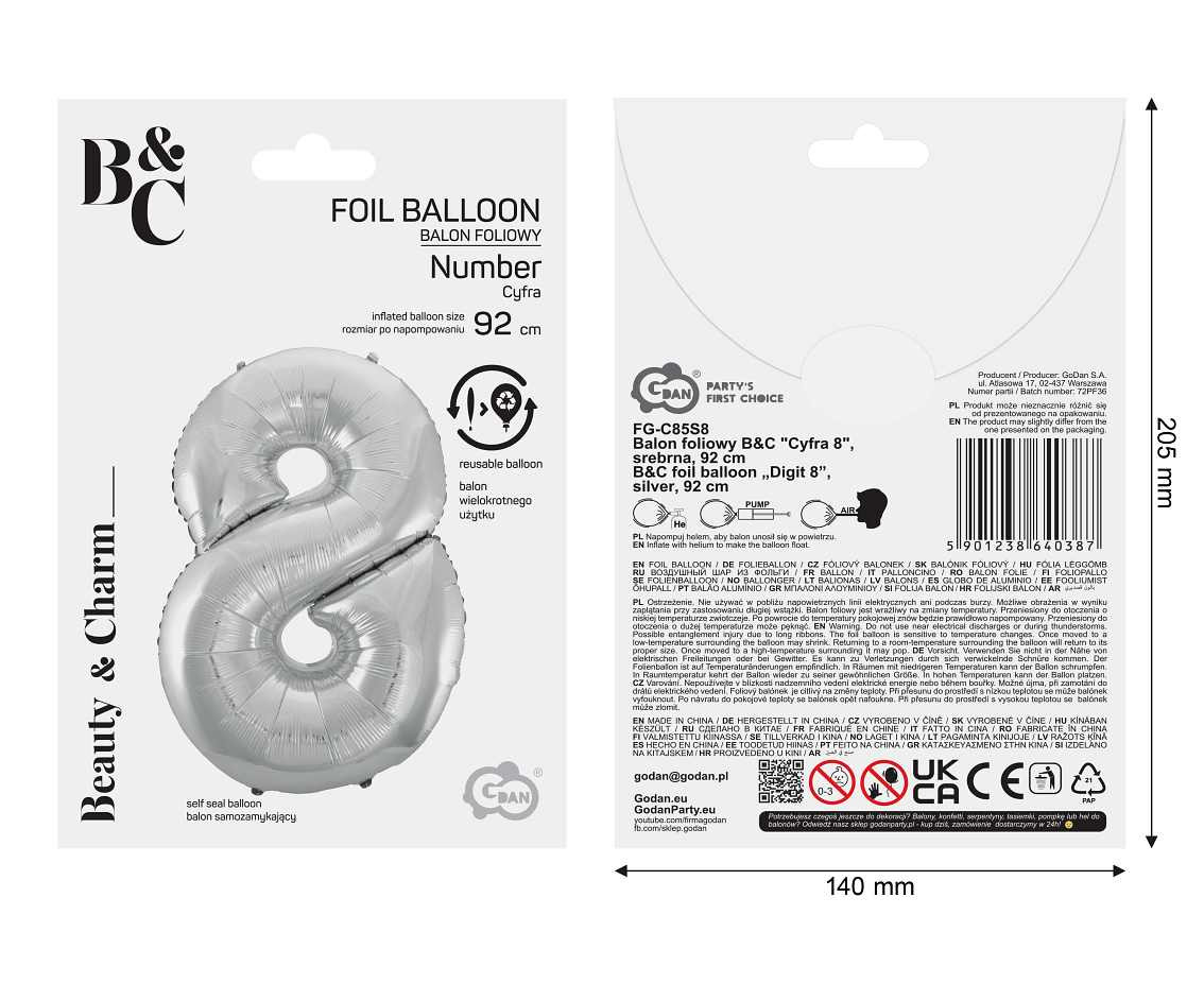 Foil balloon B&C digit 8, silver, 92 cm